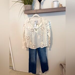 Industry Cream Boho Embroidered Tie-Front Blouse